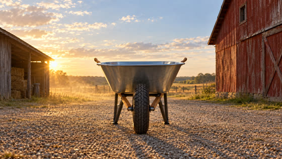 The wheelbarrow parked in the farmyard at golden hour