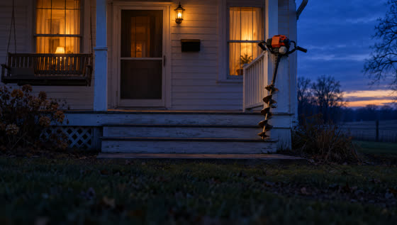 The auger leaning on the porch rail at dusk