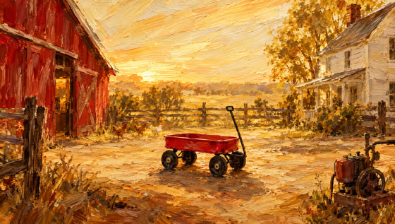 The painted farmstead in morning ochre with the red wagon