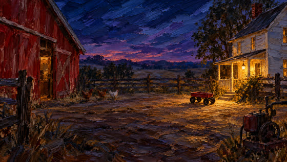 The same painted yard at dusk with the wagon in the porch light