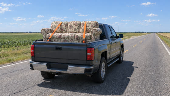 The sofa strapped in the pickup bed on the highway