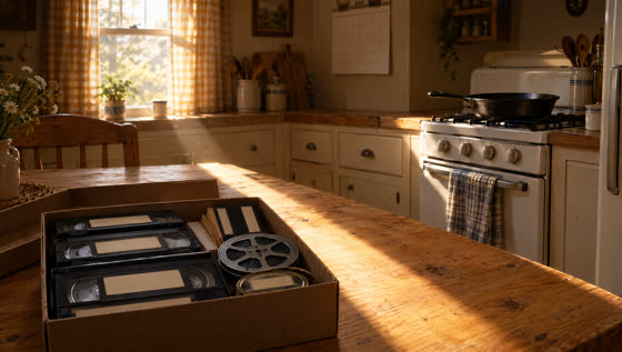 The kitchen table with the shoebox of tapes and the skillet on the stove